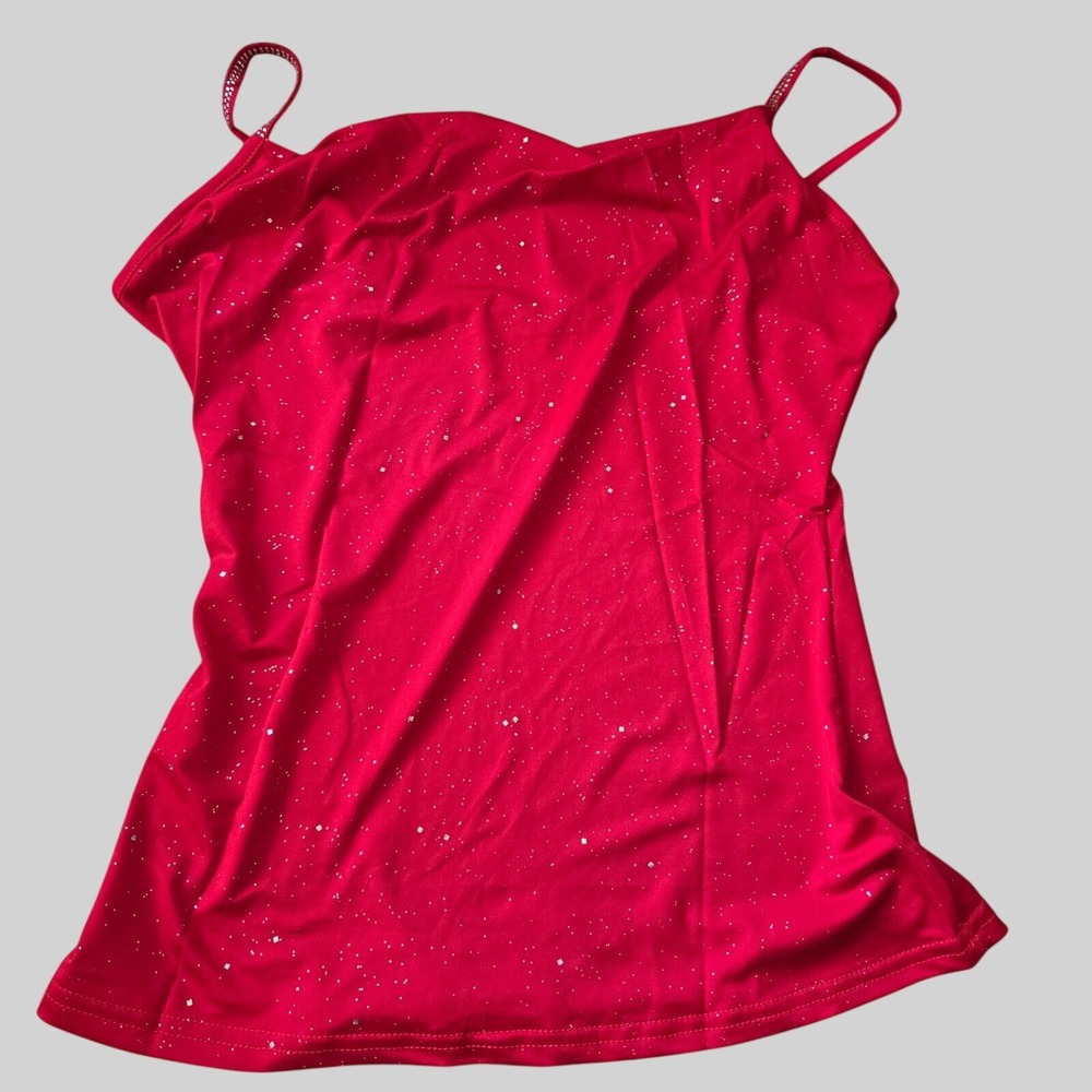 Red Glitter Cowl Neck Cami Top Rhinestone Adjustable Straps Labelled M Fit S